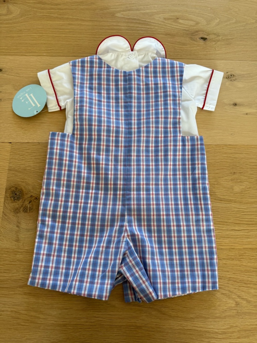 Little English Blue and Red Plaid Smocked Train Shortall - Picture 5 of 5